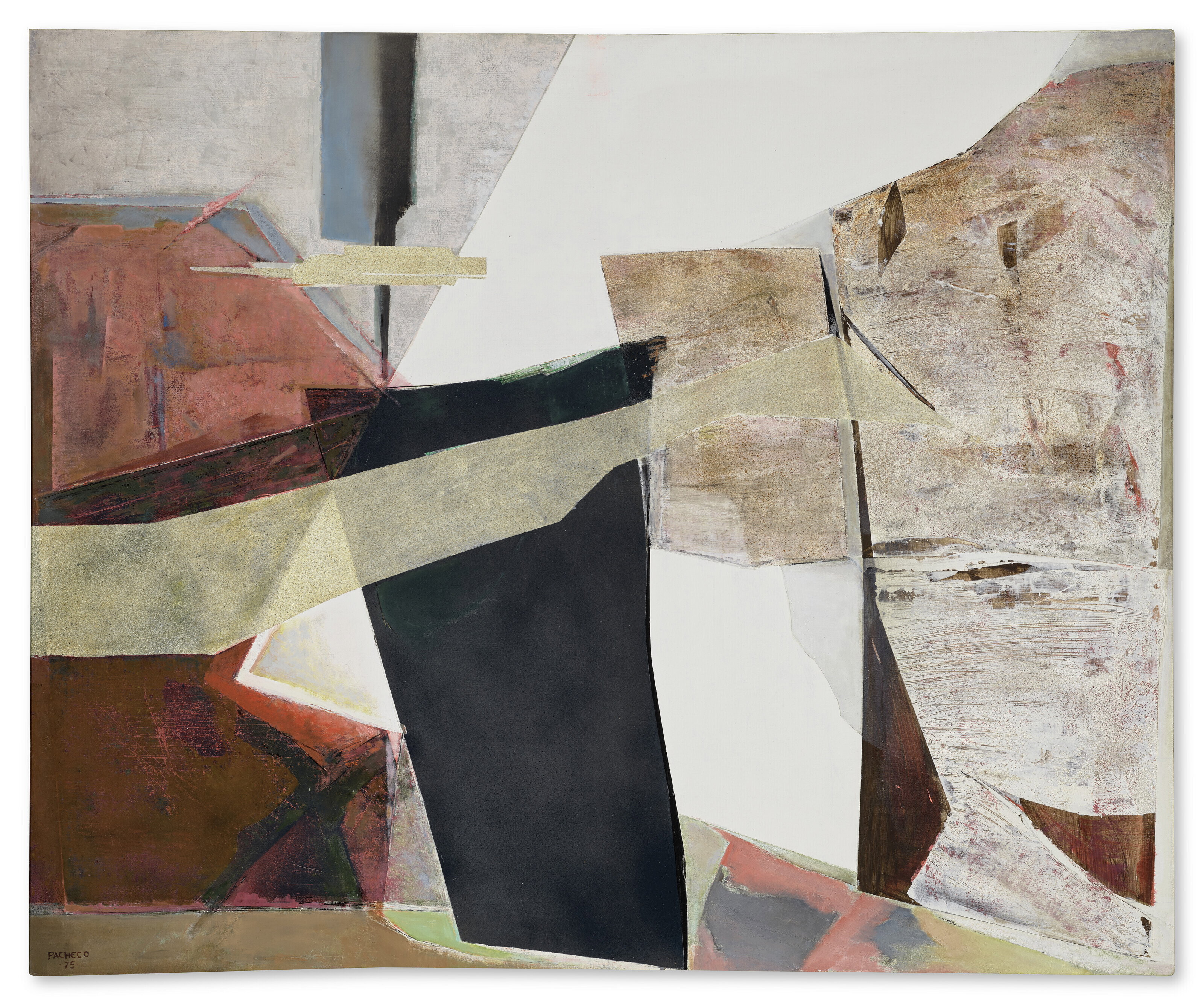 María Luisa Pacheco, Kinesis, 1975: planos abstractos de tonos terrosos, negro y blanco con superficies de óleo y arena