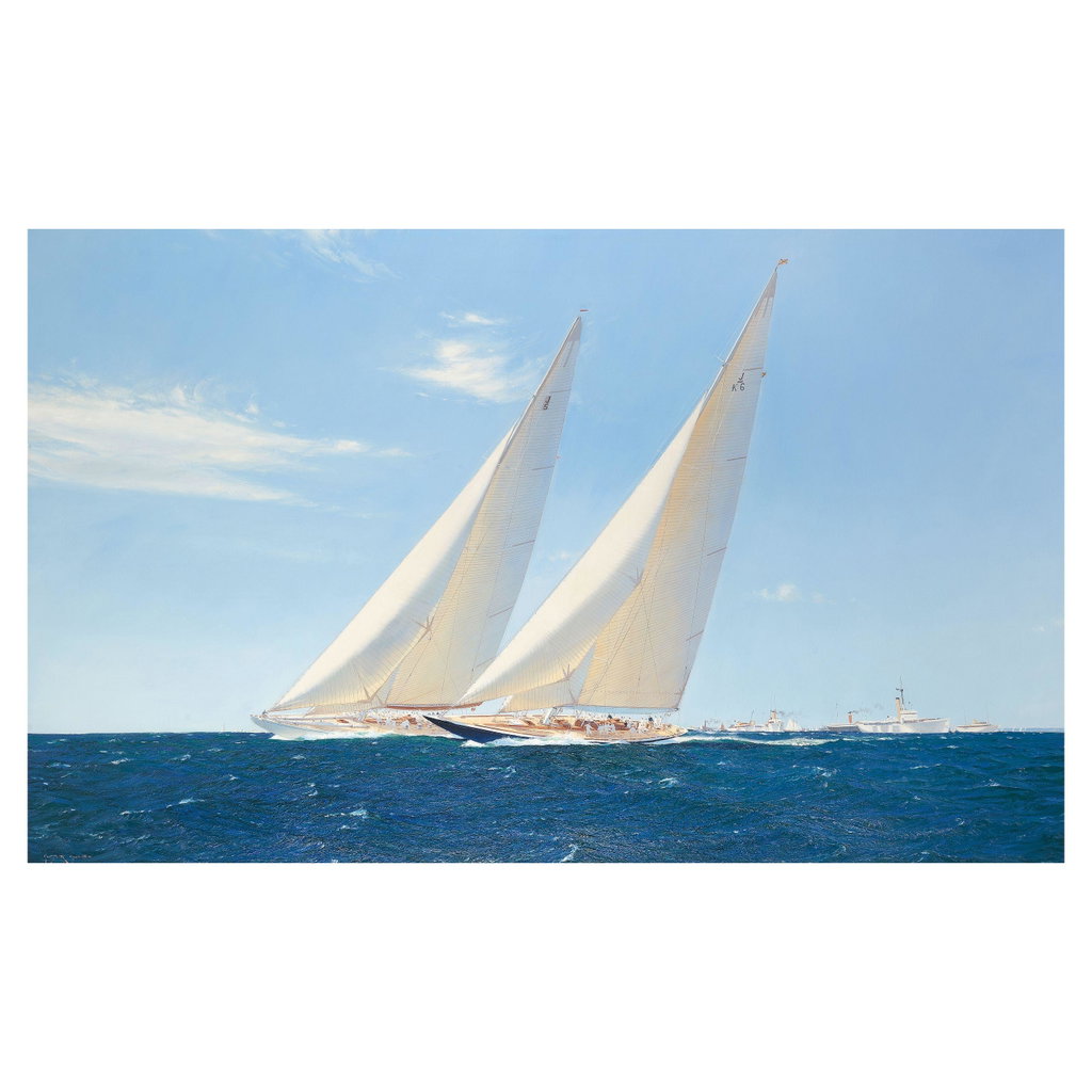 1937 America's Cup - J-Class yachts Endeavour II and Ranger racing off Newport, Rhode Island by Martyn Mackrill sold for $34,700. Image courtesy of Bonhams