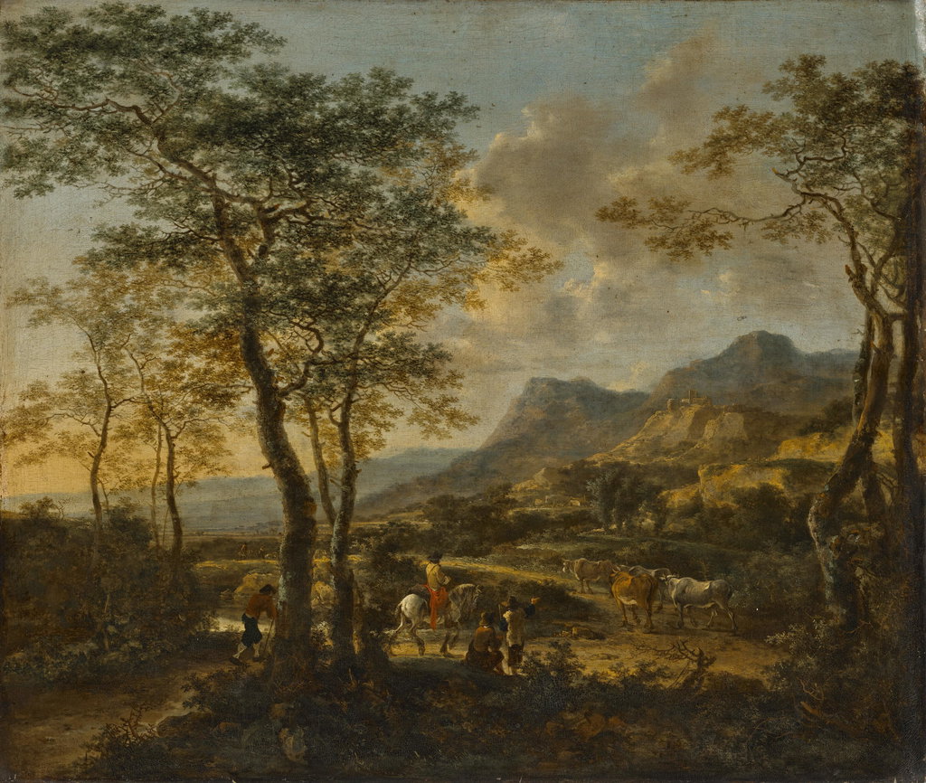 Extensive Italianate landscape with a traveler and drovers on a road, a farmhouse and a village beyond. Image courtesy of Christie's