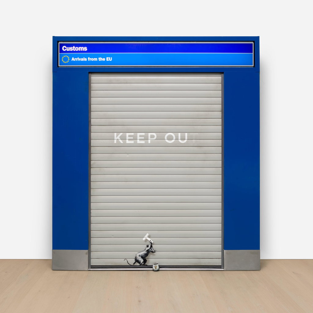 Keep Ou T by Banksy estimated at $1.59m (low) to $2.38m (high). Image courtesy of Phillips