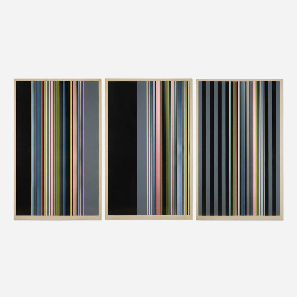 Black Watch Series I; Black Watch Series II; Black Watch Series III by Gene Davis sold for $14,000 (831% above estimate). Image courtesy of Rago