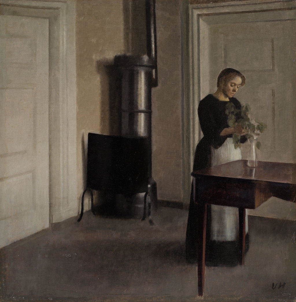 Interior of Woman Placing Branches in Vase on Table (Interiør med kvinde, der stiller grene i et glas, Strandgade 30) by Vilhelm Hammershoi estimated at $2.02m (low) to $2.69m (high). Image courtesy of Phillips