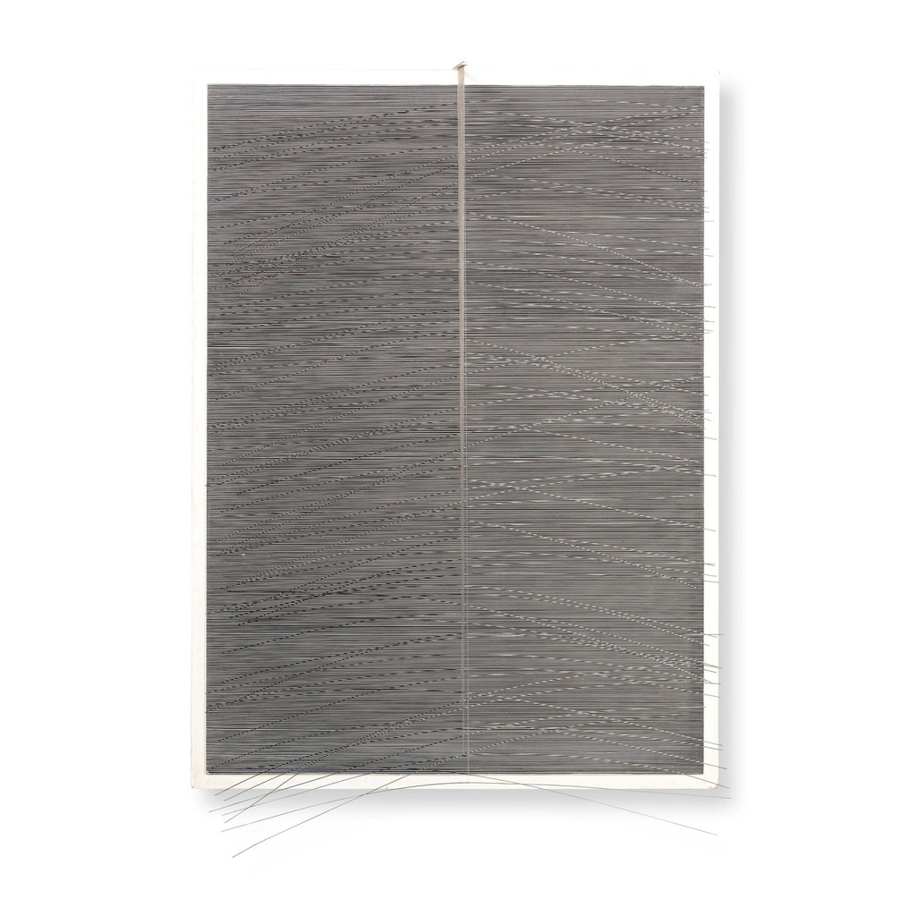 Gray and Black Virtual Space by Jesus Rafael Soto estimated at $139,100 (low) to $208,600 (high). Image courtesy of Bonhams Cornette de Saint Cyr
