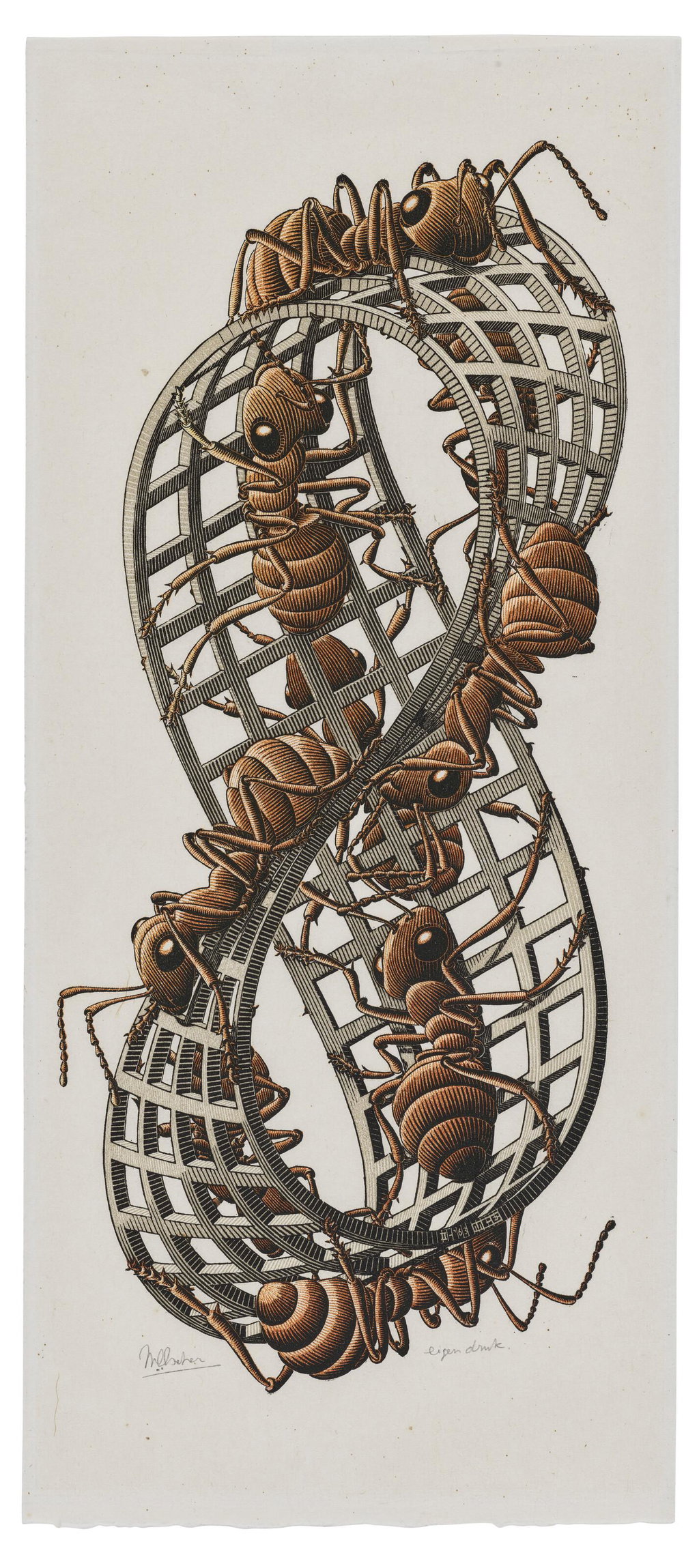 Möbius Strip II (Red Ants) by MC Escher sold for $96,000 (380% above estimate). Image courtesy of Christie's
