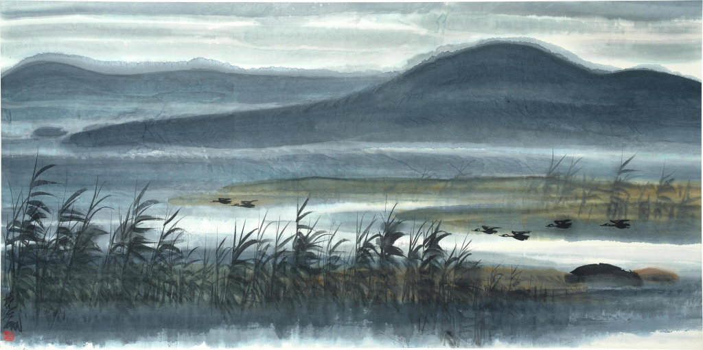 Wild Geese Flying over the Reed Pond by Lin Fengmian estimated at $382,300 (low) to $764,600 (high). Image courtesy of Sotheby's