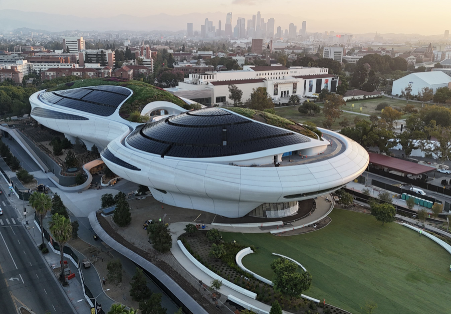 The new Lucas Museum of Narrative Art nears completion in Exposition Park. Image courtesy of the institution.