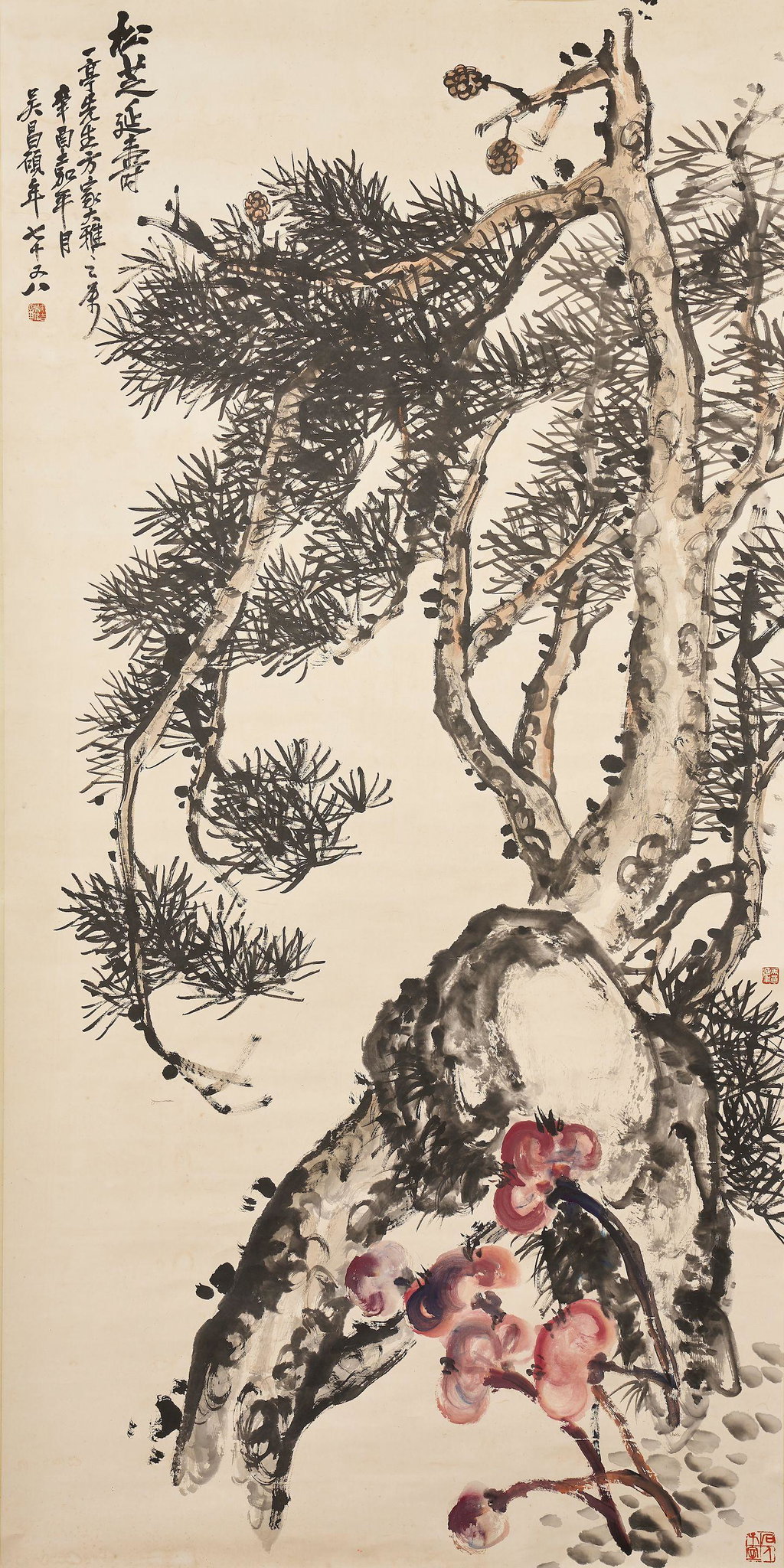 Pine Tree and Lingzhi by Wu Changshuo sold for $13,800. Image courtesy of Bonhams