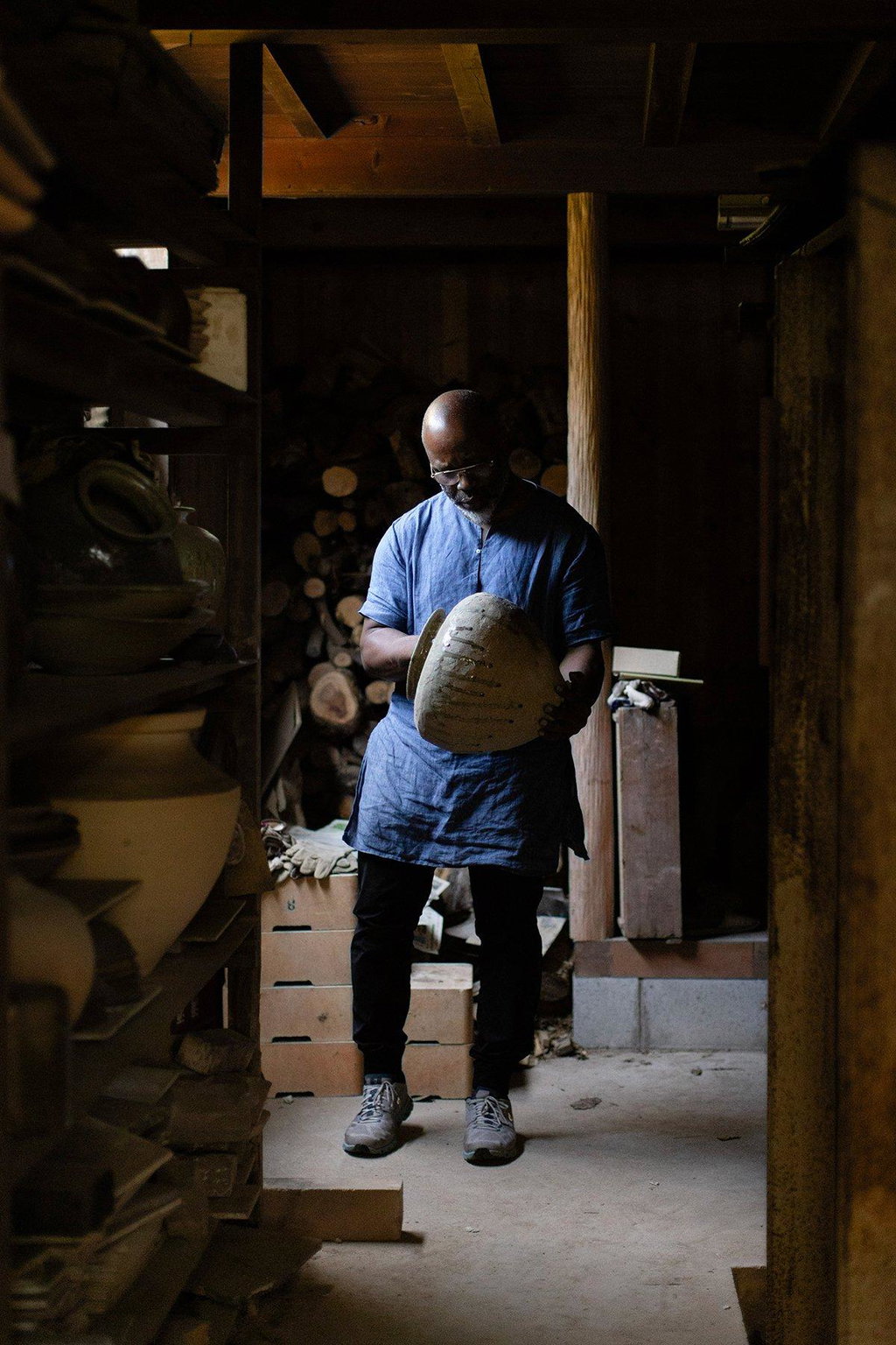 Theaster Gates in his studio, Chicago, 2024. Photo: Wyatt Conlon Press