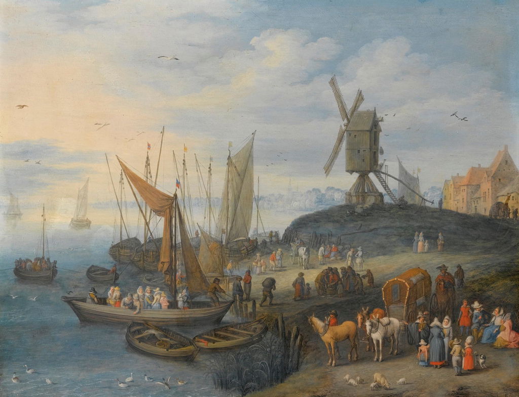 A River Landscape With Figures Both On A Ferry And Waiting On The Shore Beneath A Windmill. Image courtesy of Sotheby's